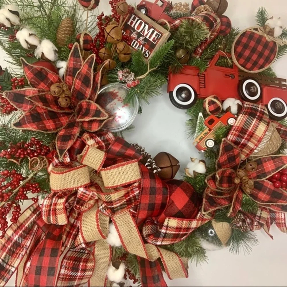 Christmas Red Truck Rustic Farmhouse Plaid Wreath